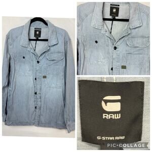 G Star Raw Modern Men Size X-Large Blue Denim Distressed Button Shirt